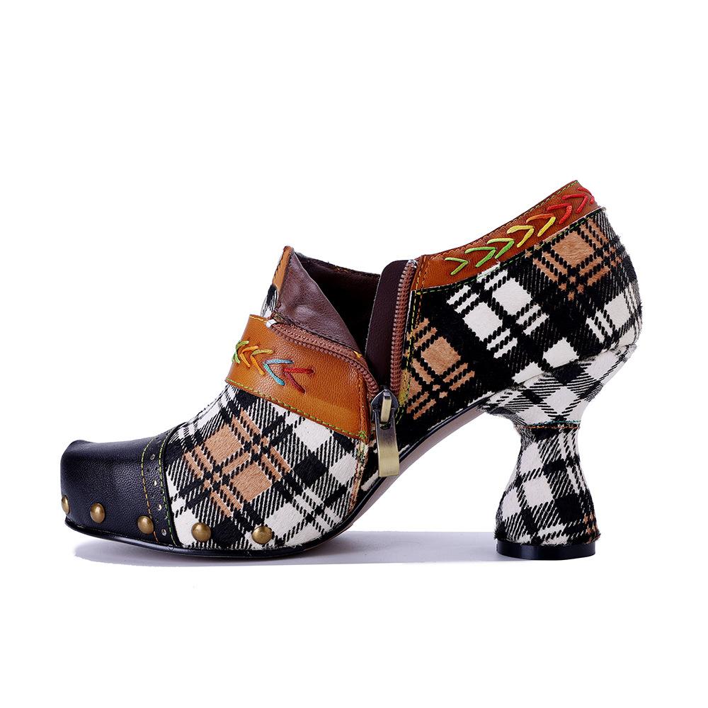 Johnature Retro Plaid Patchwork Comfortable High Heels Genuine Leather Rivet Fashion Women's Pumps
