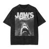 Washed T Shirts Jaws Photo Negative Shark Attack Hip Hop T-Shirt High Street Streetwear Graphic Tops Tee Shirt for Men Women