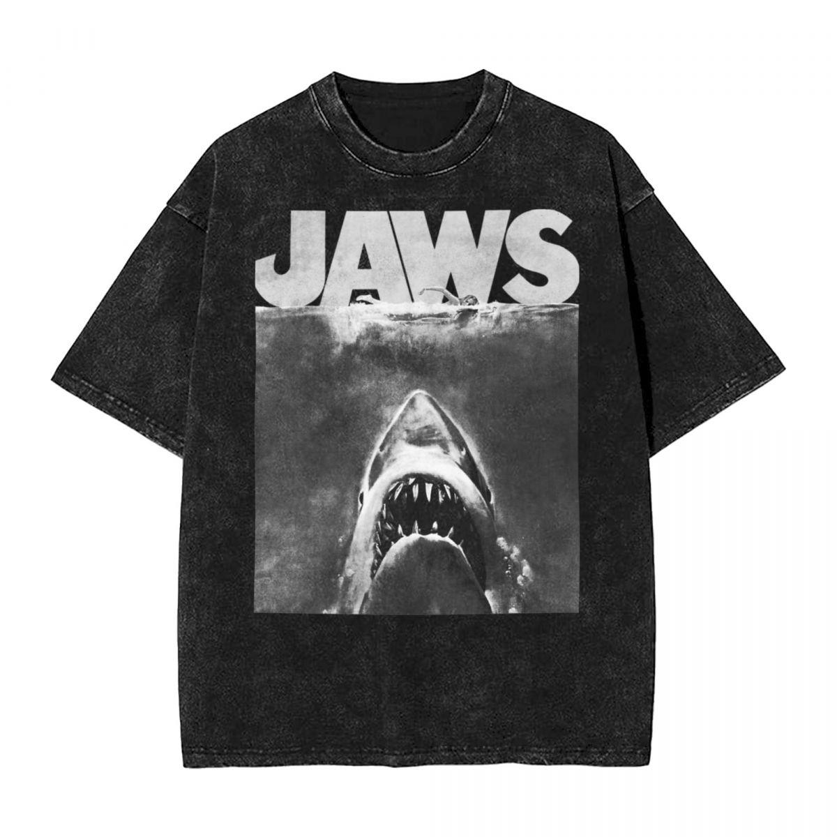Washed T Shirts Jaws Photo Negative Shark Attack Hip Hop T-Shirt High Street Streetwear Graphic Tops Tee Shirt for Men Women S
