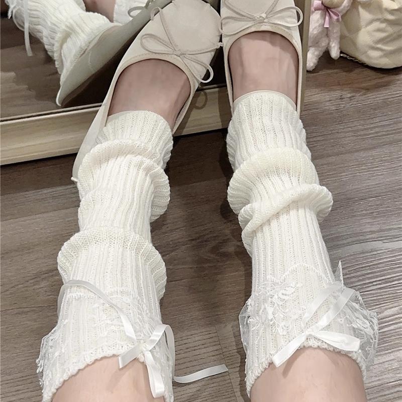 1pair Knitted Lace Leg Warmers Autumn and Winter Ribbon Lolita White Knee Warmers Long Socks JK Knitted Girl White Leg Warmers