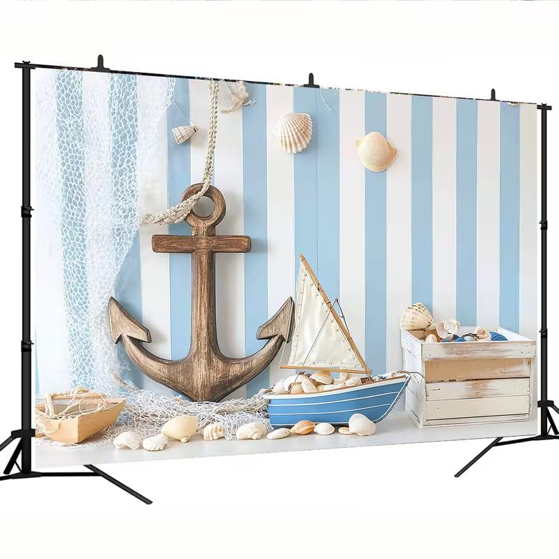 2D Nautical Anchor Backdrop with Sailboat, Shells and Fishing Net Photography Background