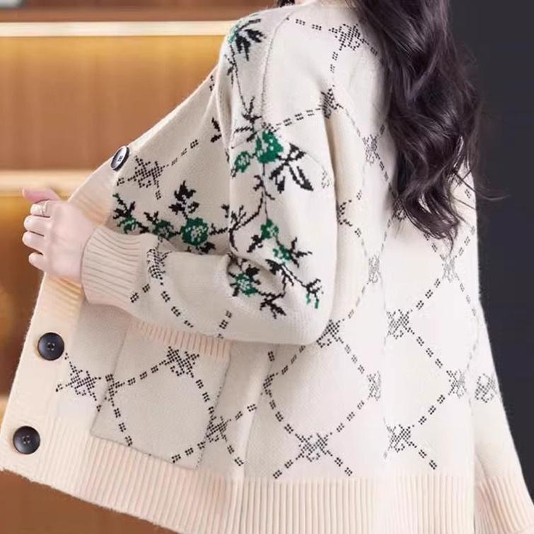Autumn Jacquard Short Knitted Cardigan Jacket Ladies Winter New Long-Sleeved Floral Knitted Sweater Coat Women Loose Knitwear Tops