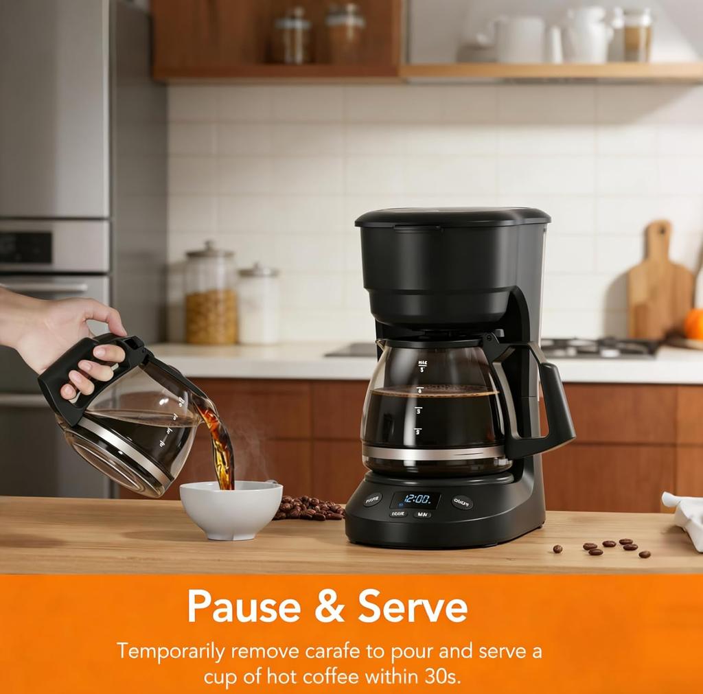 5-Cup Drip Coffee Maker, a Compact Coffee Machine with a Digital Clock and 24-hour Programmable Timer, Featuring Auto