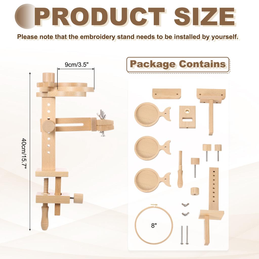 Embroidery Hoop Stand Adjustable Beech Wood Cross Stitch Stand Holder with Built-in Storage Tray with 6/8" Embroidery Hoop