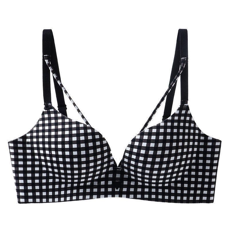 Women Plaid V Neck Double Thin Strap Wireless Push Up Round Cup No Empty Cup Daily Comfort Bra S чёрный