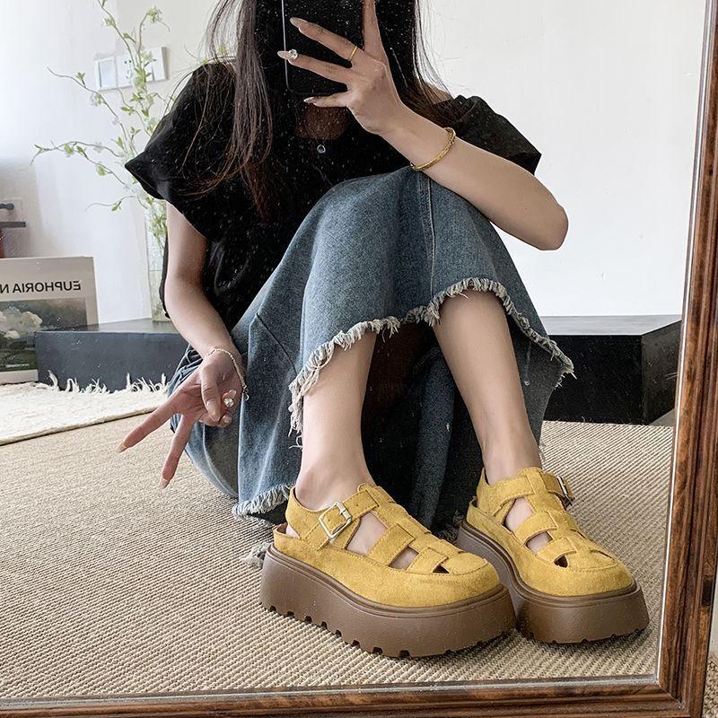 Muffin Thick-soled Heightening Baotou Sandals Women's 2025 New Summer Roman Shoes Small Pig Cage Shoes Loafers
