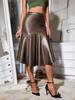 Rose Beauty A Elegant Vintage High Waist Zipper Side Pleated Ruffle Hem PU Leather Midi Skirt