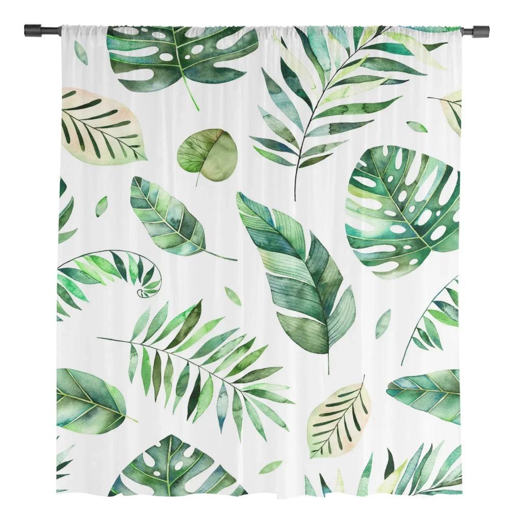 Tropical Leaves Palm Tree Green Plant White Tulle Sheer Window Curtains for Living Room Bedroom Sheer Fabric Silk-like Fabric Drapes Drapes