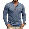 Autumn Winter Mens Henley Long Sleeve T-Shirt Contrast Collar Placket 3 Buttons Chest Pocket Soft Casual Daily Tops