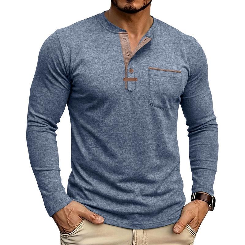 Autumn Winter Mens Henley Long Sleeve T-Shirt Contrast Collar Placket 3 Buttons Chest Pocket Soft Casual Daily Tops