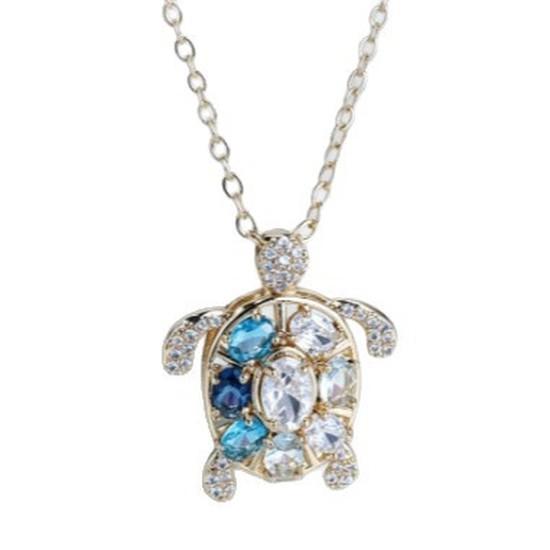 Luxurious and unique gold-colored diamond turtle necklace Ocean Wind Blue and White Zircon Turtle Pendant