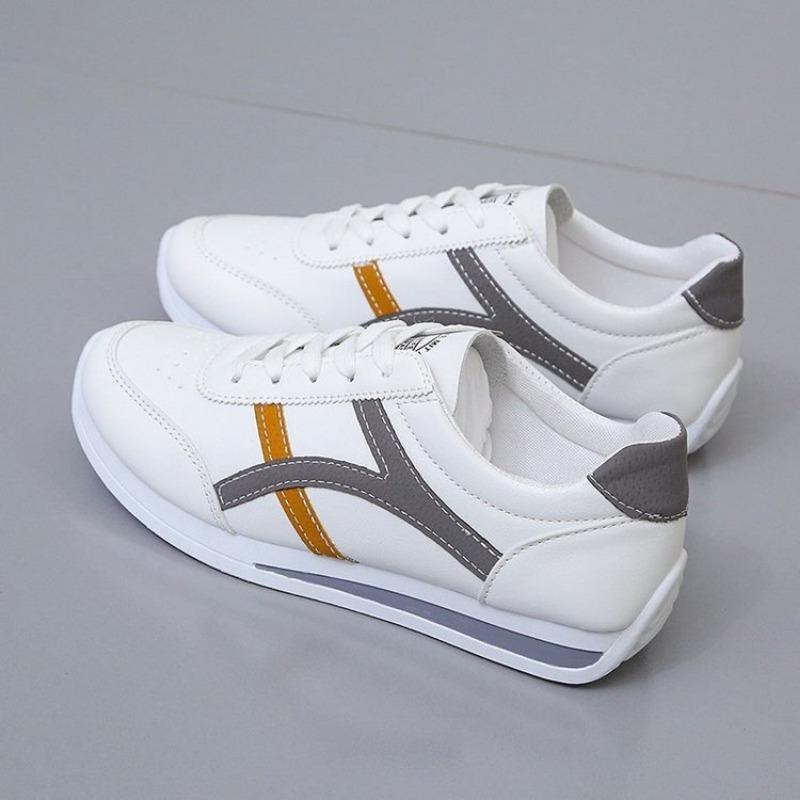White Retro Stripe Sneakers Lightweight Lace-Up Casual Trainers Non-Slip Comfortable Walking Shoes