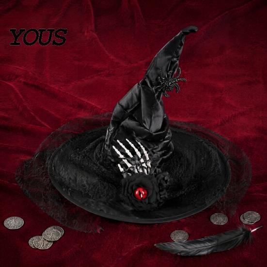 Theater Stage Performance Gear Halloween Witch Hat for Women, Gothic Spider Web Mesh Skeleton Hand Rose Flower Wizard Costume, Cosplay Party Princess
