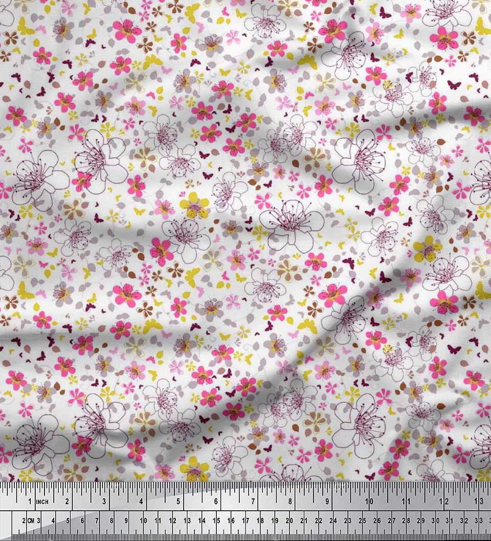 

Тканина Soimoi Japan Crepe Satin Leaves, Butterfly & Pimpernel Floral Print Тканина на метр 42 дюйма 42 Inch Wide - Poly Crepe білий