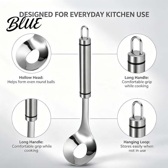Einfach zu greifender Fleischbällchenlöffel Edelstahl-Herstellerlöffel Rutschfest Ergonomisches Design mit langem Griff Fischbällchen Professionelles Fleischbällchen-Werkzeug für Bällchen