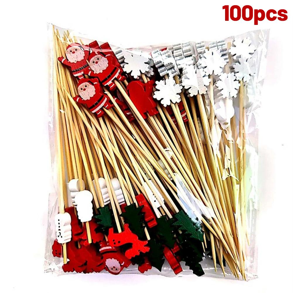 

100pc Christmas Bamboo Skewers Disposable Cocktail Picks Dessert Toothpicks Fruit Sticks Merry Christmas Cupcake Cake Decor