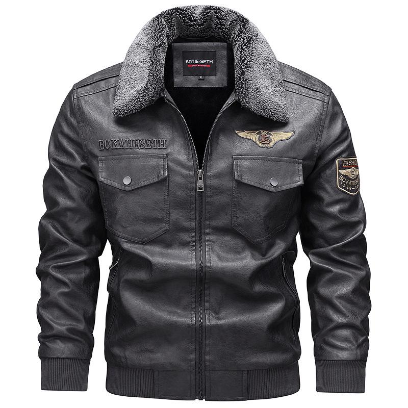 

Men s European Winter PU Leather Jacket with Velvet Collar - Large, Warm, Windproof Motorcycle Style L серый