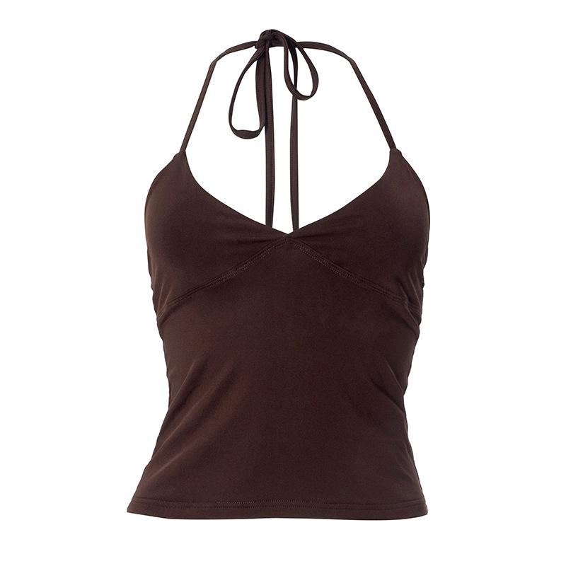 

2025 Лето Новый Подвесной На шею V-образный вырез Без спинки Жилет Горячие Девушки Майка Низ Топ Сексуальное Чистое Желание Ветер Слинг Y2K L коричневый