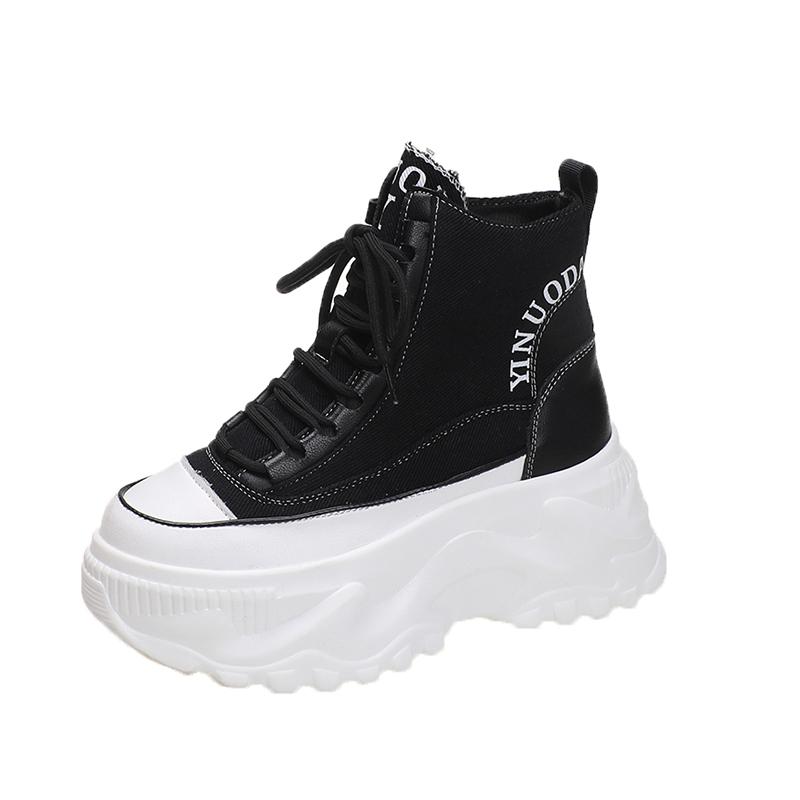 Fashion Women Ankle Boots Lace Up 8CM Sneakers High Platform Punk Boots Spring Autumn Black Chunky Motorcycle Boots Botas Mujer