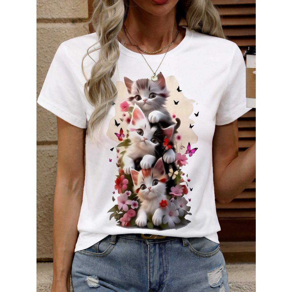 Women's Short Sleeve Round Neck T-Shirt, Summer Graphic Tees Women Tops