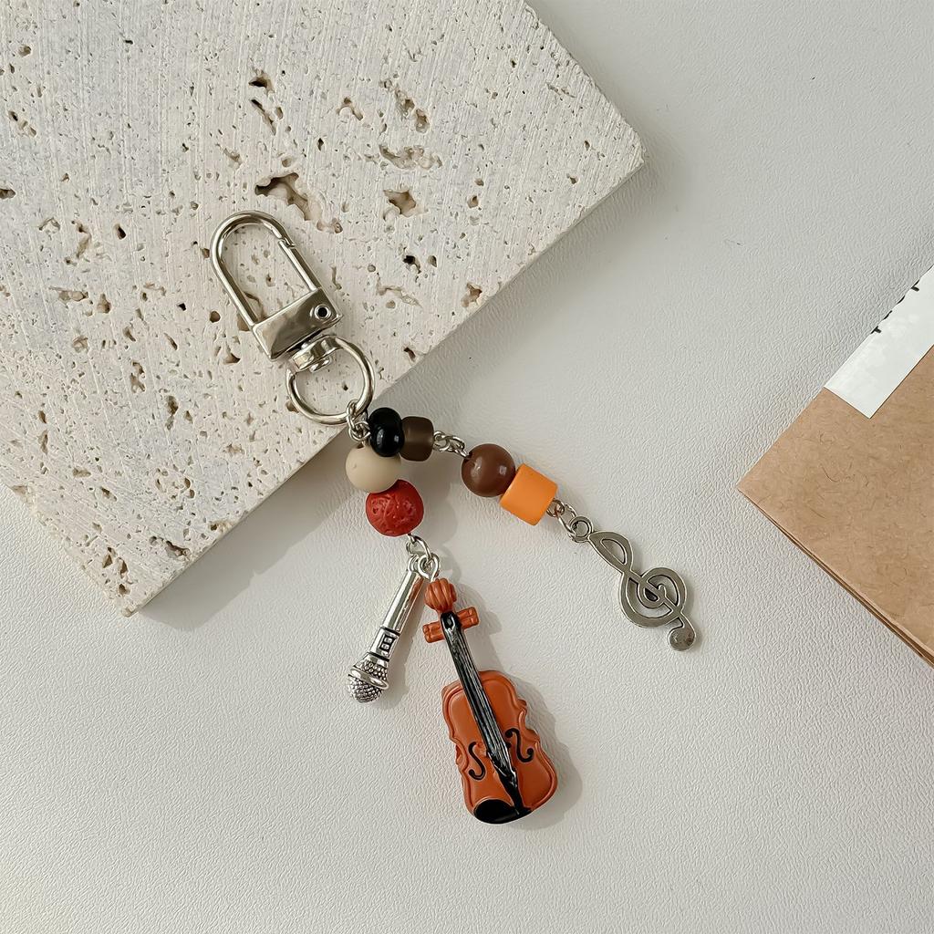 Stylish Violin Phone Charm Eye Catching Beaded Keyring Guitar Key Pendant Fashionable Alloy Key Chain for Bags Key