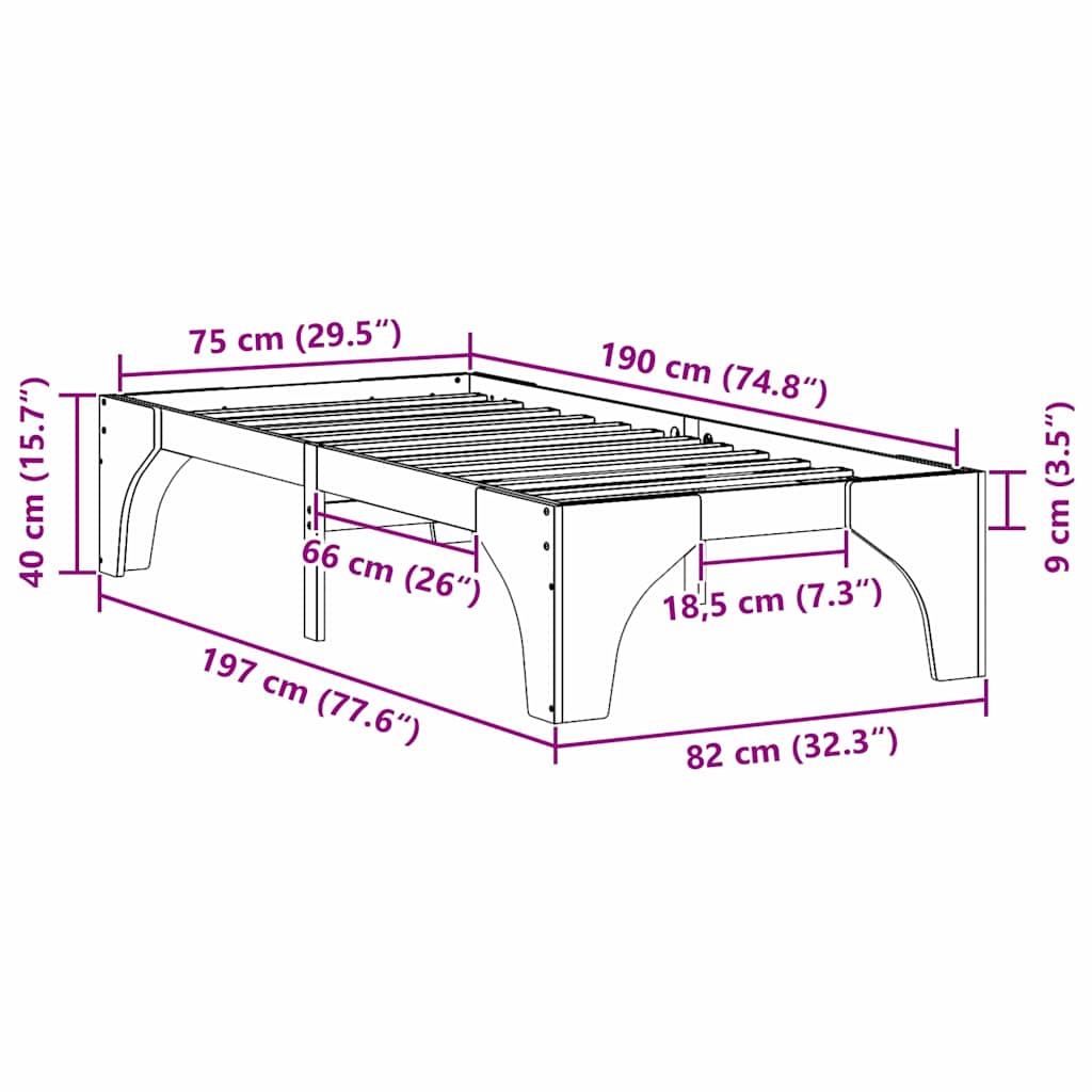 Brown Bed Frame 75 x 190 cm Solid Pine Wood