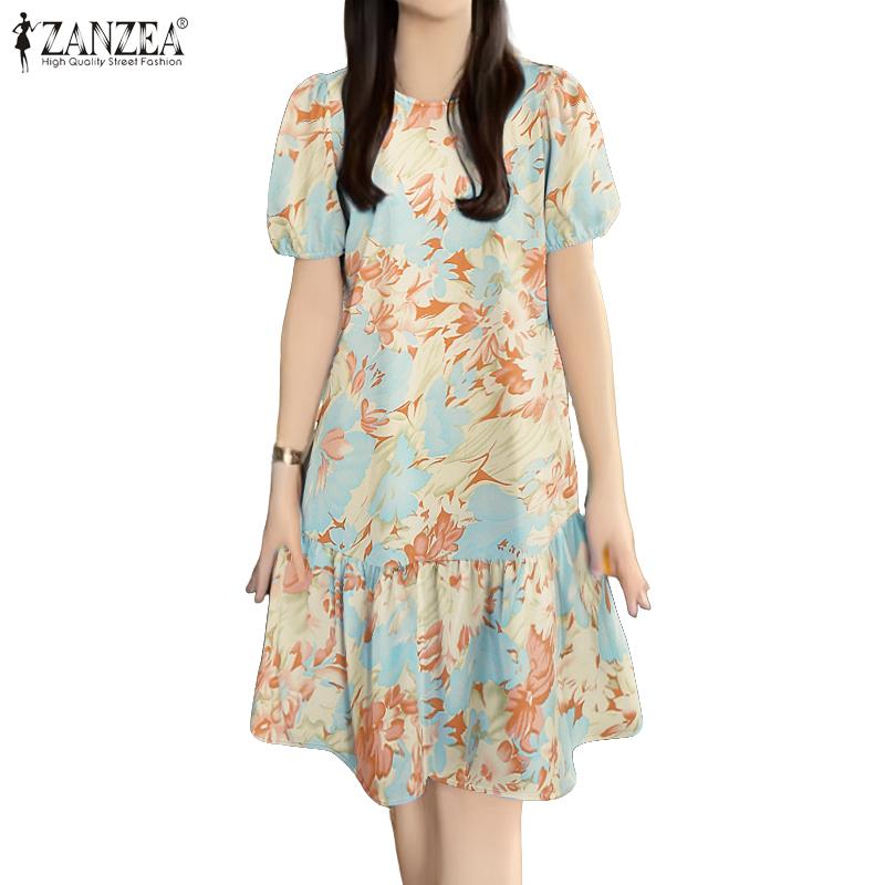 ZANZEA Dámské letní ležérní šaty s kulatým výstřihem a krátkým rukávem s květinovým vzorem