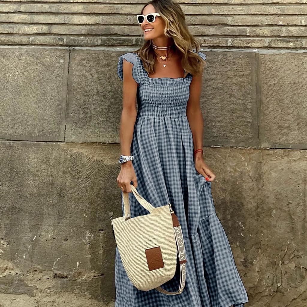 2024 Summer Women's Patchwork Plaid Spaghetti Strap Dress with Elastic Waist and Big Swing