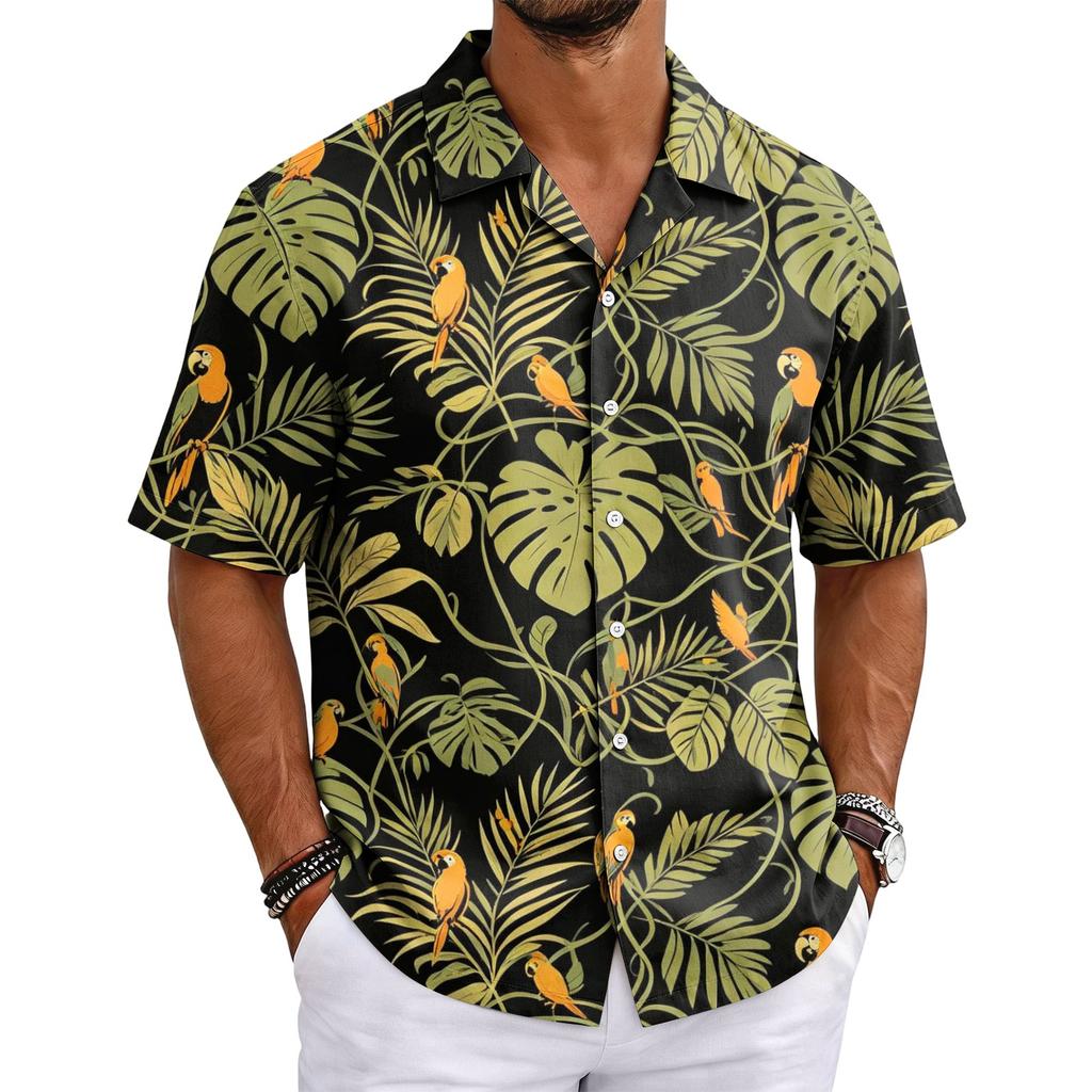 Men's Hawaiian Print Cuban Collar Shirt Short Sleeve Button Down Casual Beach Shirt Lightweight Breathable Fabric for Summer