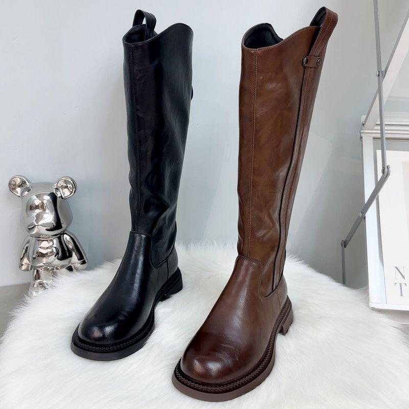 Lange Stiefel Damen Flacher Boden Höhenverstellbar Herbst Neu Britischer Stil Hoher Schaft Dünn Reißverschluss Hinten Ritterstiefel