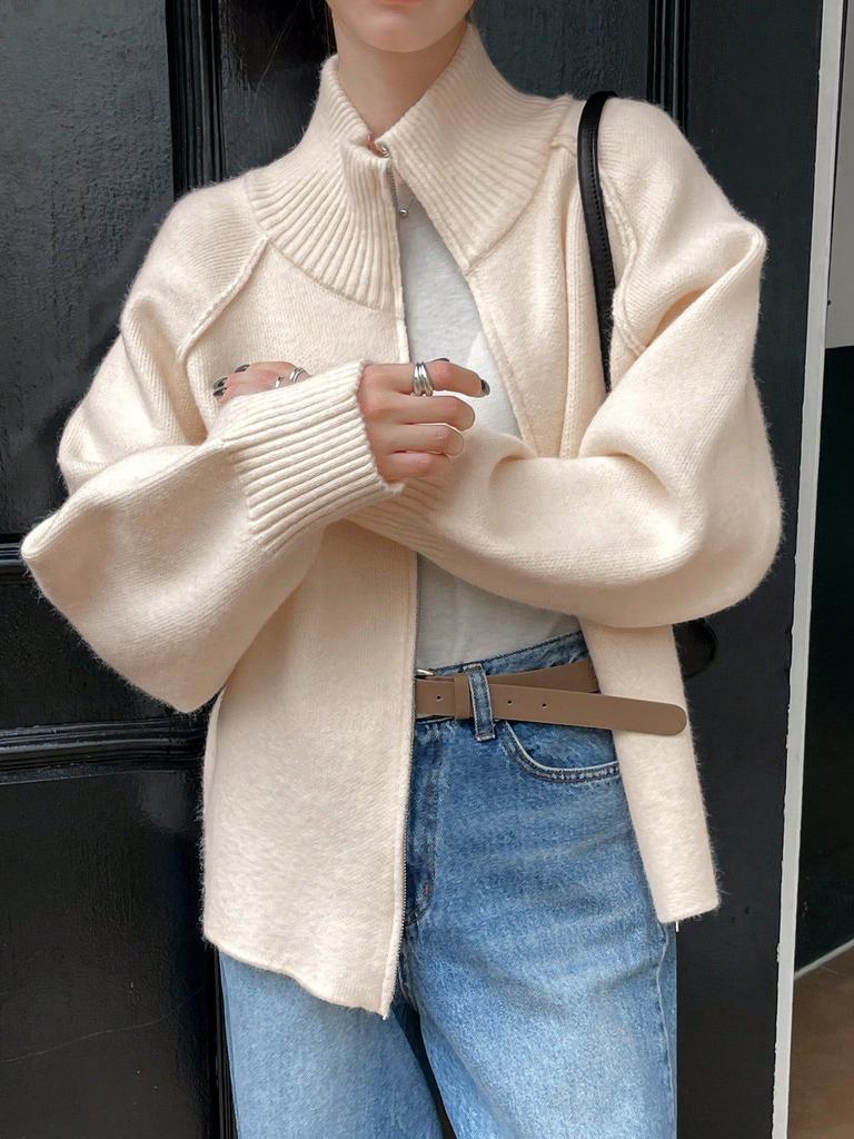 Solid Stand Collar Zip Knitted Cardigan Top Sweater Jacket