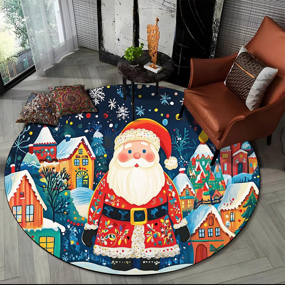 Merry Christmas Cartoon Santa Claus Snowman New Year Round Carpet Rug for Bedroom Living Room Sofa Decoration,Decor Floor Mat