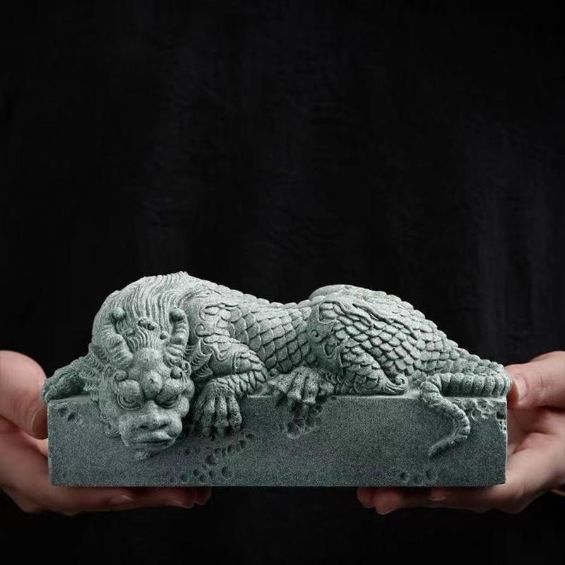 

China Mascot Pan Dragon Pillar Decorative Statue Green sand stone sculpture Home Living Room, Room Office Feng Shui Statue