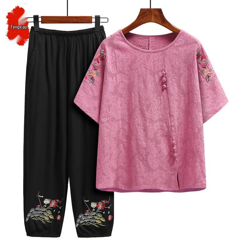 Elegant Linen Cotton Short Sleeve Set for Middle-Aged & Elderly Women