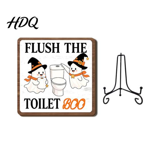 Bathroom Countertop Ornament Halloween Wooden Table Sign, Cute Spooky Ghost Plaque with Autumn Home Decorations Metal Stand for Kitchen Shelf
