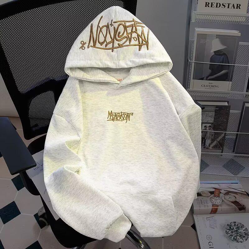 Pánská těžká světle šedá mikina s kapucí - Americký styl, Podzim 2025, Trendy ležérní bunda