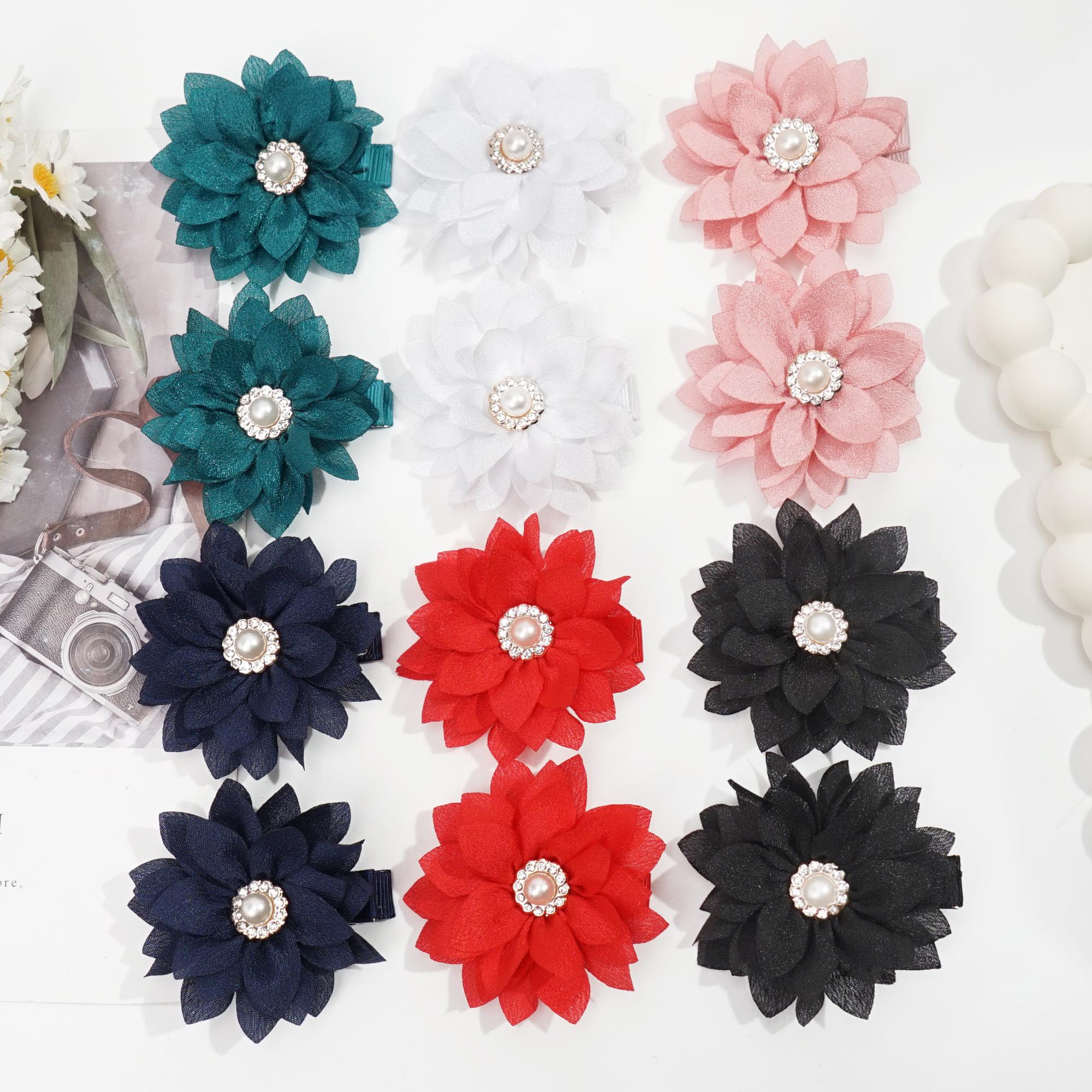 

12 шт. 2-дюймовых шифоновых цветов, заколки-банты для волос со стразами, тонкие крошечные заколки для волос для девочек, для вечеринки, для школы, аксессуары для волос