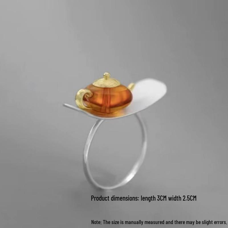 Retro Chinese S925 Silver Teapot Ring with Tea Culture Design