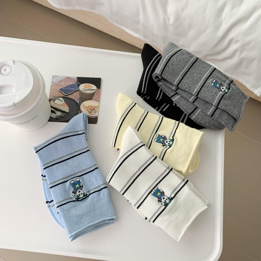 Casual Mid-Leg Socks Embroidered High-Value Striped Bear Korean Socks