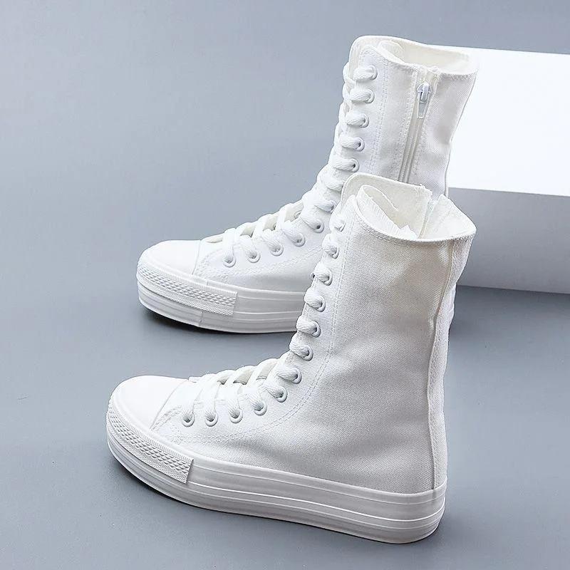 

Модные высокие парусиновые туфли для дам, мягкая подошва, танцевальная обувь для чирлидеров, белые повседневные кроссовки, женские ботинки до середины икры 40