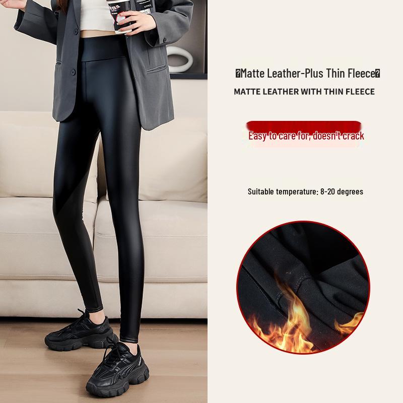 Women's Winter PU Leather High-Waist Thick Velvet Leggings - Plus Size, Slimming, Warm