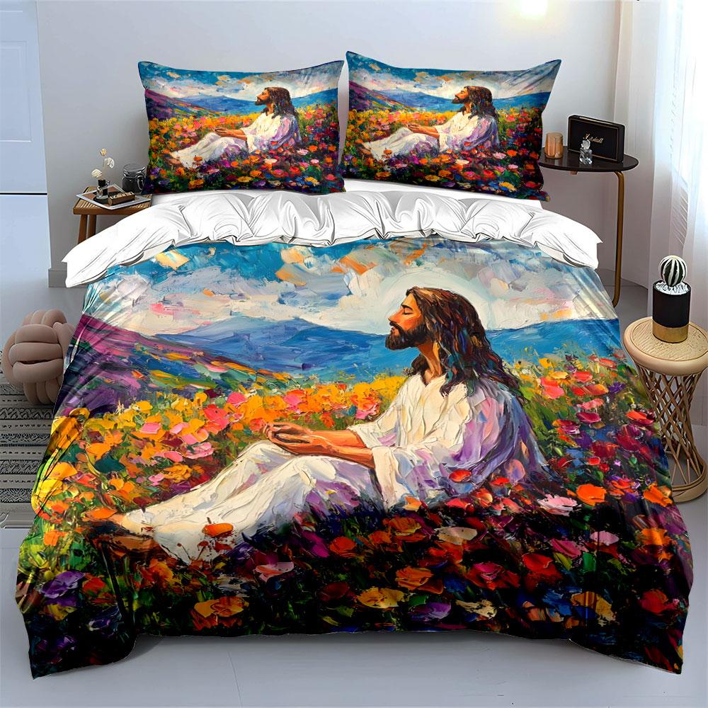Person meditating in colorful flower field Print Bedding Set 1 Duvet Cover 2 Pillowcases for Adult and Children Luxury Gift