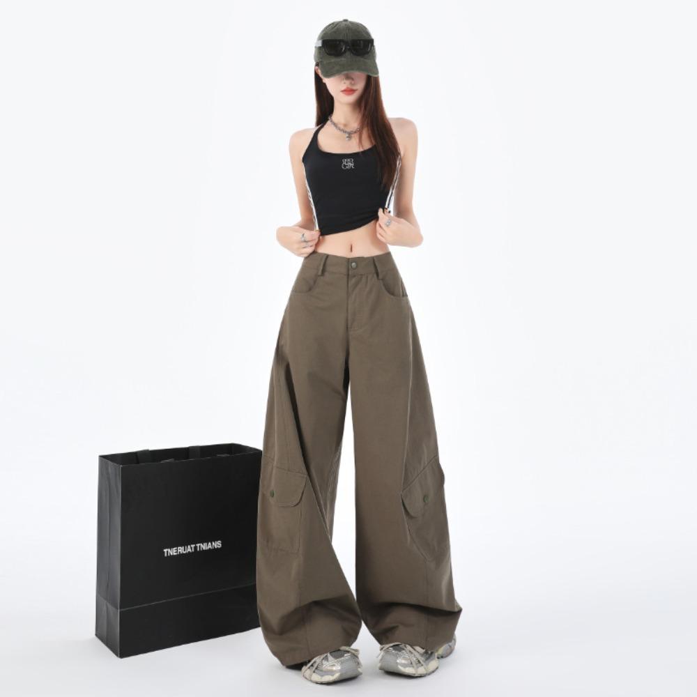 Women's High Waist Solid Color Cargo Pants Loose Fit Streetwear Wide Leg Trousers
