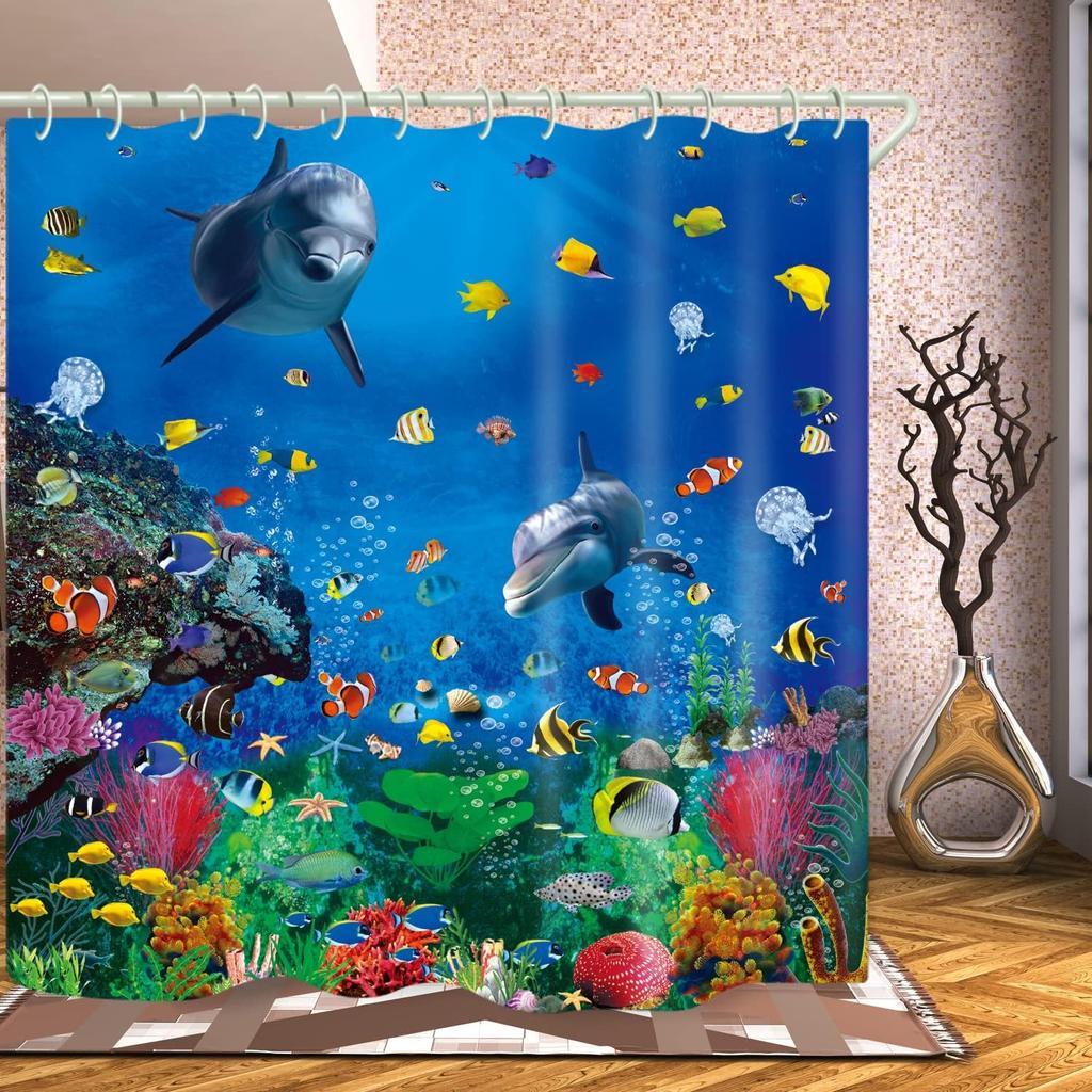 Bathroom Underwater World 3D Shower Curtain, Deluxe Standard Bathtub Shower Curtain, Waterproof Washable Fabric Shower Curtain, with 12 White Hooks,