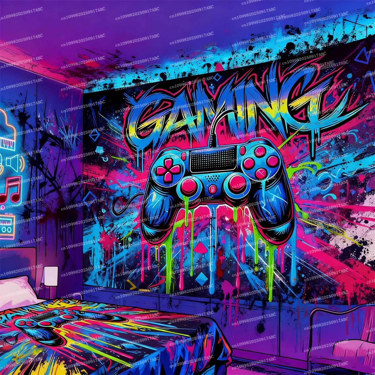 Jmg Household Supplies Unisex Gaming Controller Wall Tapestry, Neon Graffiti Art, Vibrant Room Decor For Gamers & Tech Lovers