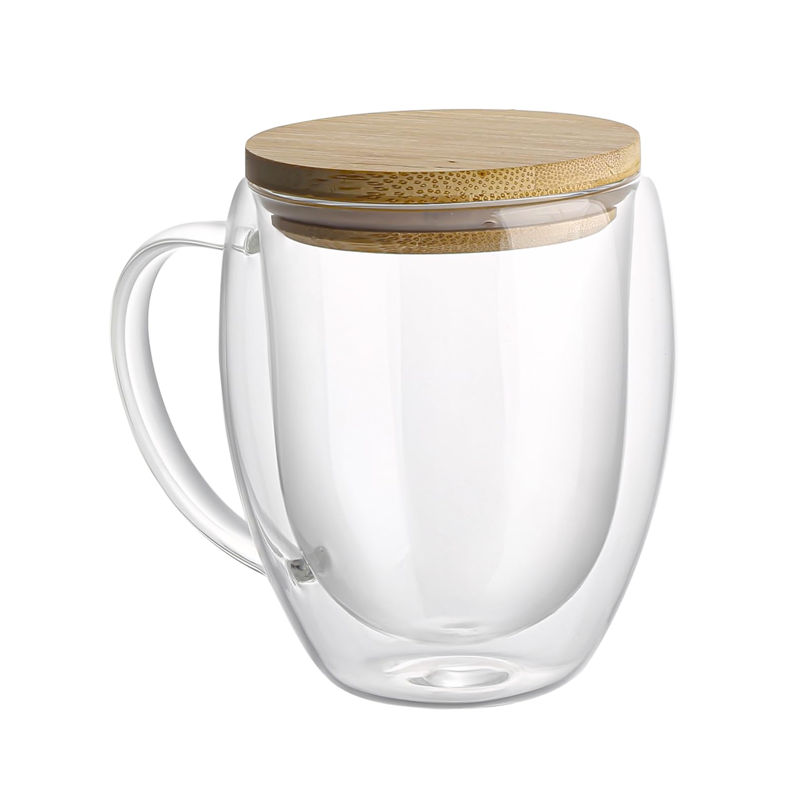 Double-walled glass iced tea glass, 350ml, with bamboo lid and handle. Heat-resistant, clear borosilicate glass, microwave and dishwasher safe. Suitab