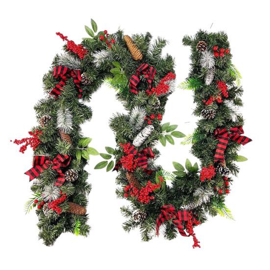 180/270CM Christmas Artificial Pine Garland with Bow Red Berries Pinecone Faux Pine Needle Rattan Mantle Fireplace Porch Hanging Decoration