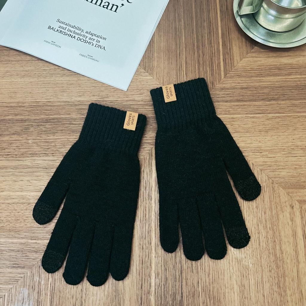 Men's Leather Label Knitted Gloves New Winter Touch Screen Plus Velvet Warm Wool Solid Color Simple and Versatile Trendy