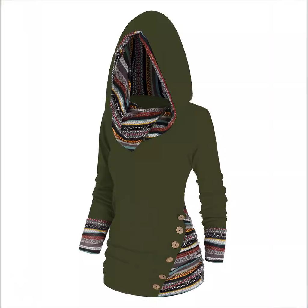 Tribal Geometric Stripe Splicing Hooded Top Knitted Long Sleeve Button Casual Ethnic Sweater