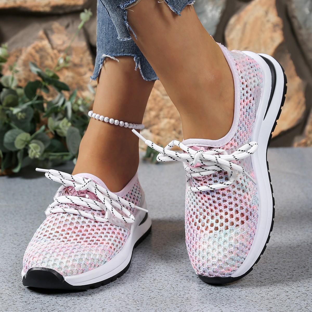 

Fashion New fashionable and breathable mesh thick-soled round-toe lace-up large-sized casual shoes for women in the summer of 2025 43 розовый